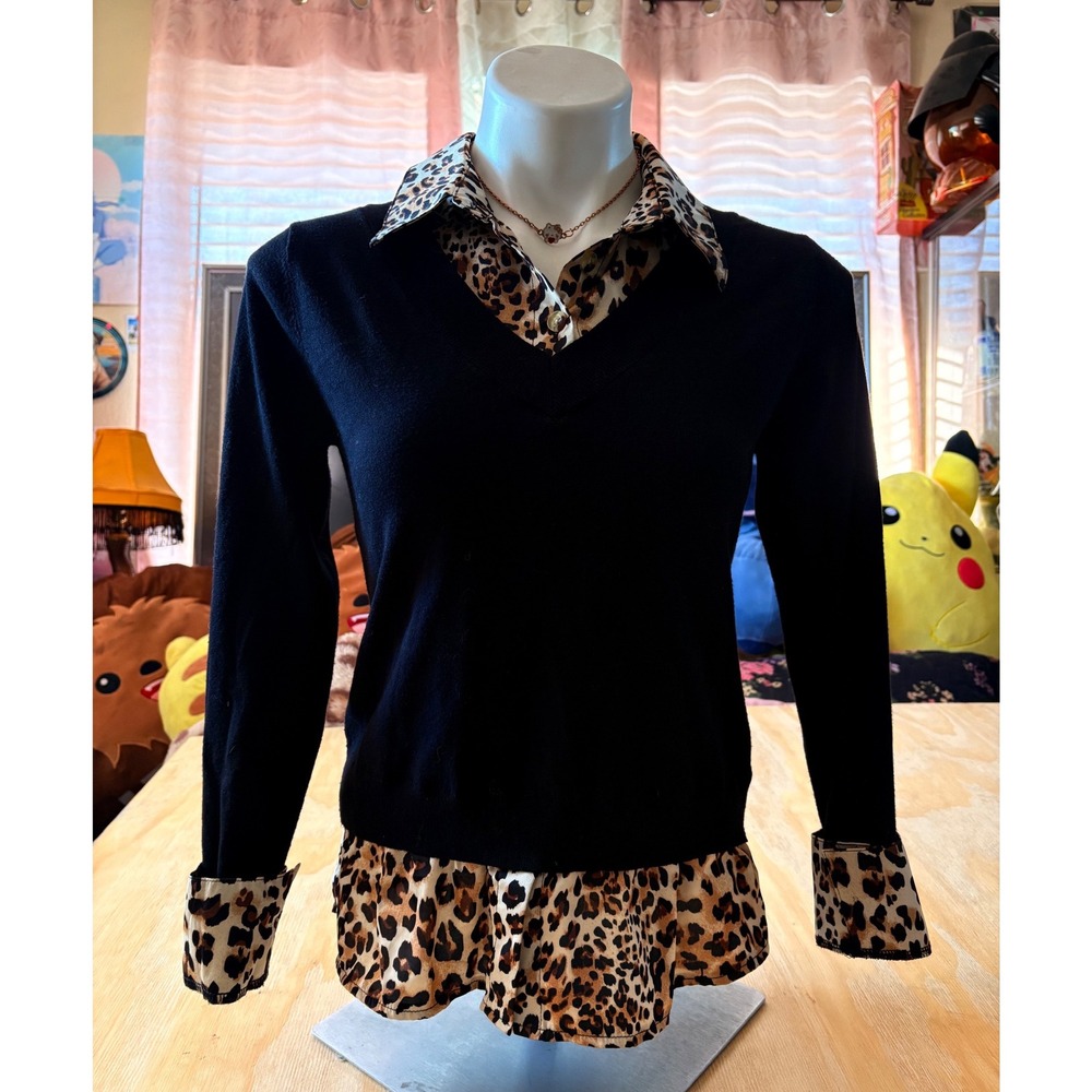 Y2K Classy Venus Women Layered Leopard Print Trim Sweater Small Animal Print